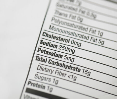 A nutrition facts label focusing on Cholesterol, Sodium, Potassium, and Total Carbohydrate amounts.