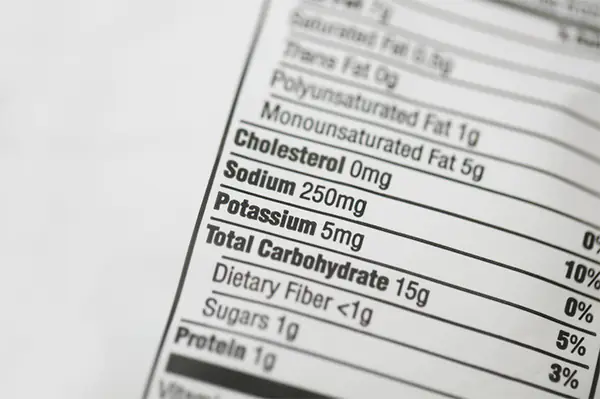 A nutrition facts label focusing on Cholesterol, Sodium, Potassium, and Total Carbohydrate amounts.
