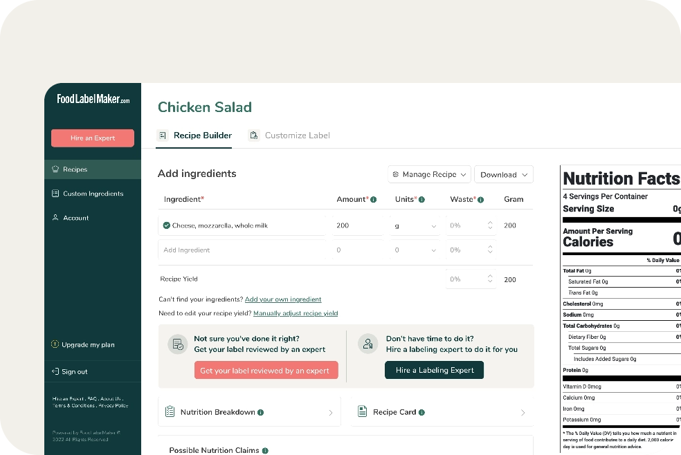 A screenshot of the Recipe Builder in Food Label Maker