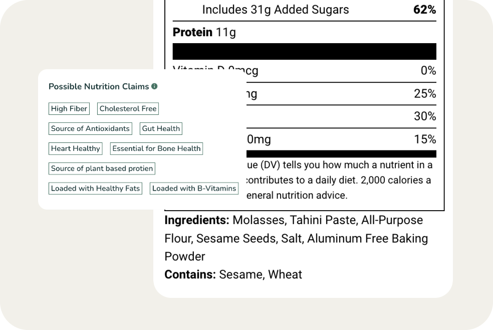 A panel of Nutrition Claim options overlapping the bottom of a nutrition facts label.