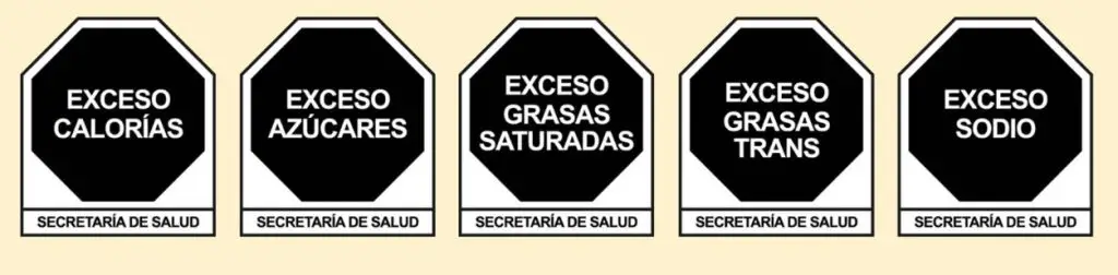Cinco formas octogonales con advertencias de exceso de calorías escritas en su interior.
