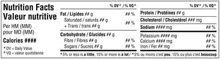 Black and white Bilingual Horizontal Format nutrition label with nutrient information presented side-by-side in English and in French.