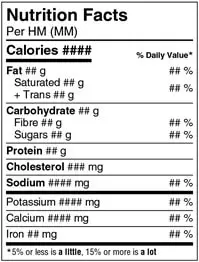 Étiquette nutritionnelle en format standard canadien noir et blanc indiquant les calories, les gras, les protéines et autres nutriments par portion.
