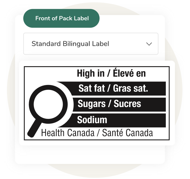 Standard bilingual front-of-pack label by Health Canada showing high levels of saturated fat, sugars, and sodium.