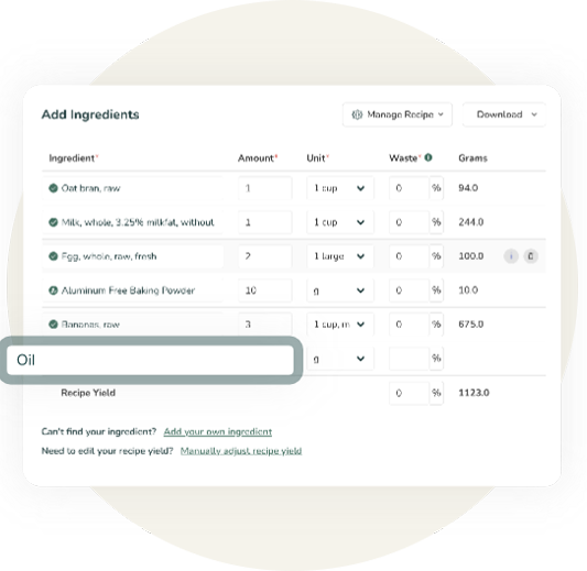 A screenshot of an Interactive ingredient entry tool for calculating recipe nutrition values.