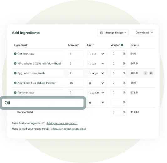 A screenshot of an Interactive ingredient entry tool for calculating recipe nutrition values.