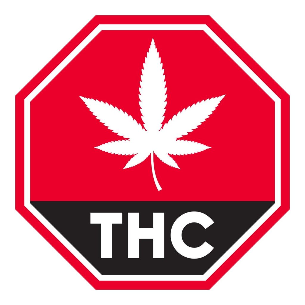 Símbolo estandarizado de cannabis de Health Canada que muestra una señal de stop roja con una hoja de cannabis blanca y "THC" debajo.