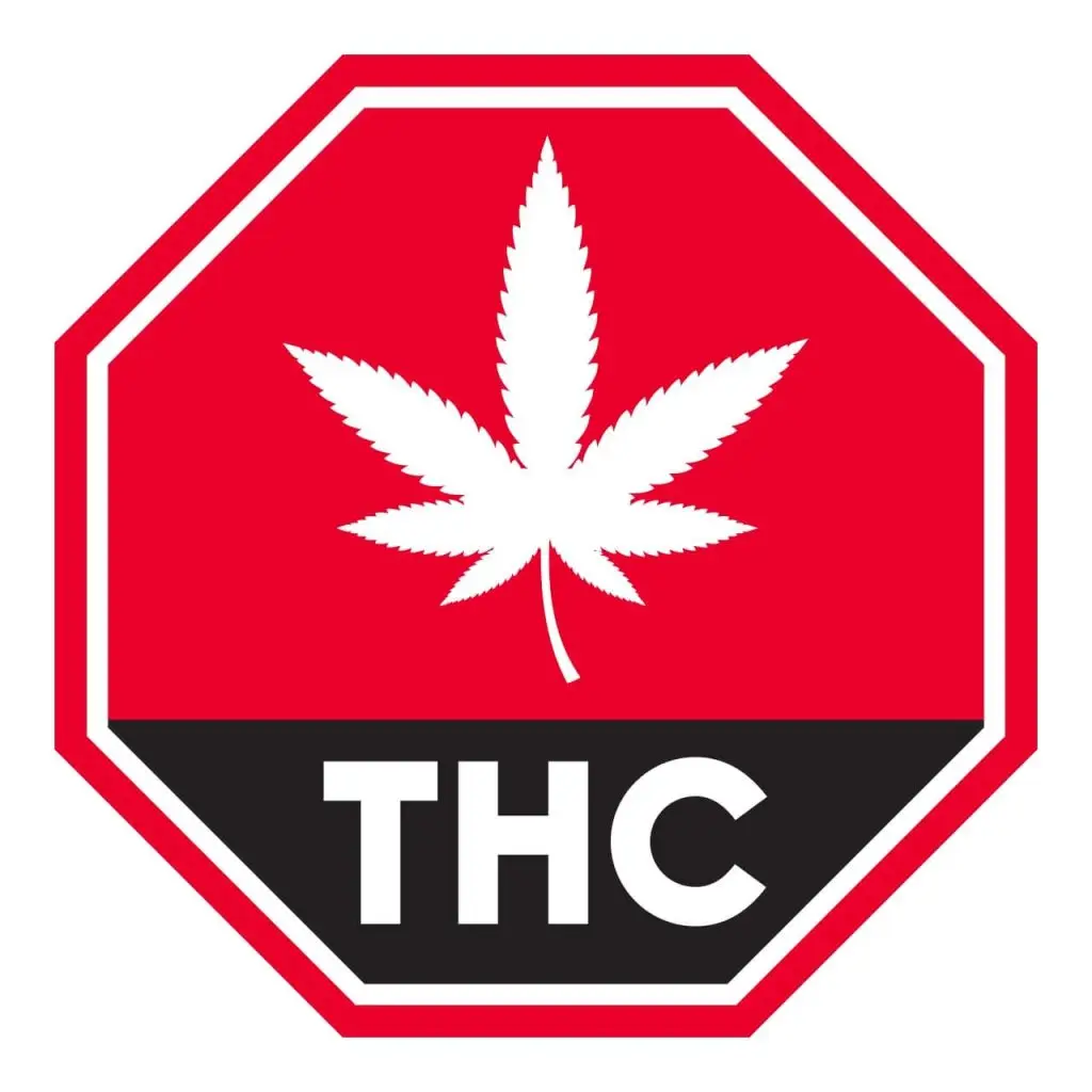Health Canada's Standardized Cannabis Symbol displaying a red stop sign with a white cannabis leaf and “THC” below it.