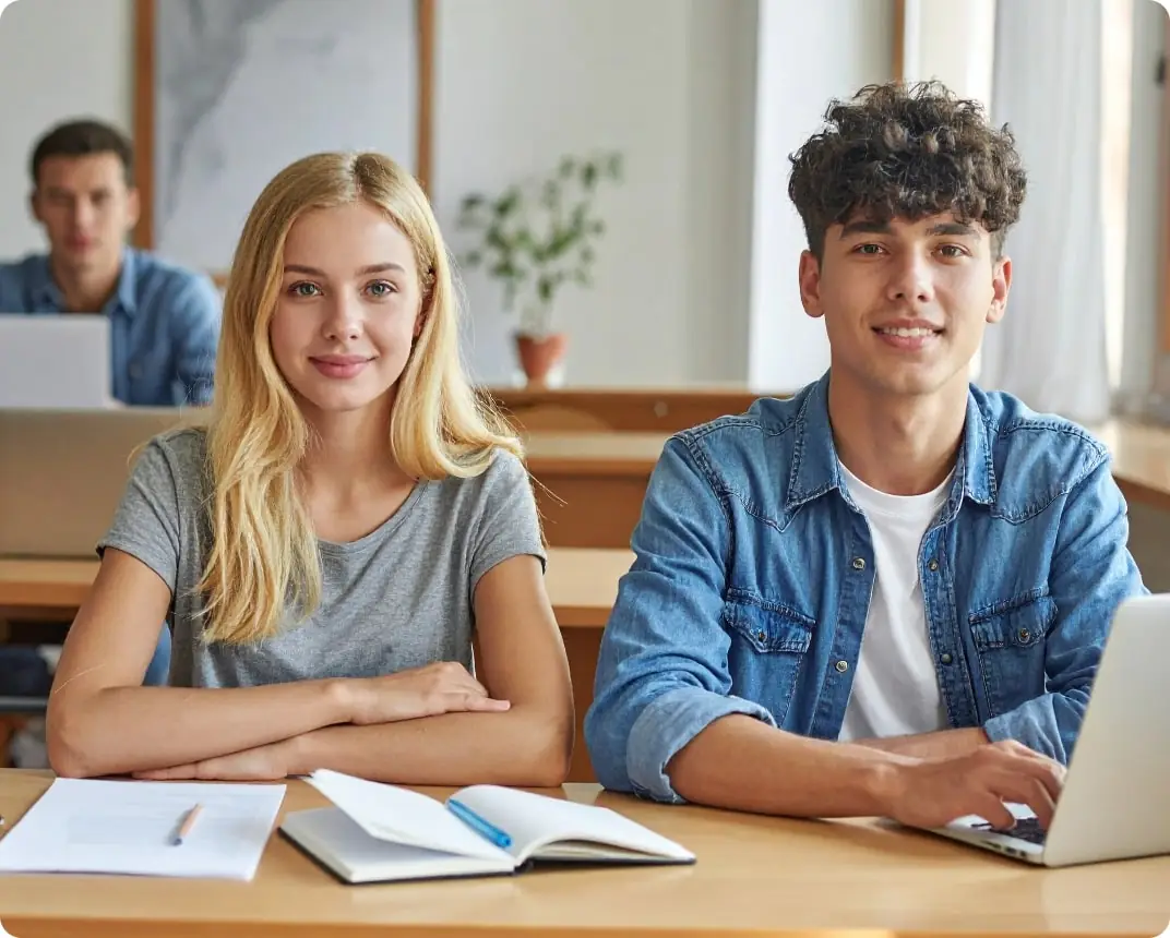 Young male and female university students smiling in a classroom setting, one actively using a laptop.