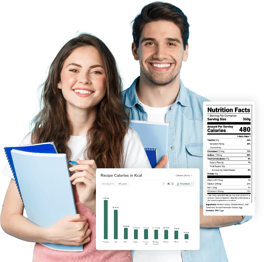 Smiling university students holding books next to a display of Food Label Maker software, showing a compliant nutrition label and a recipe calories chart