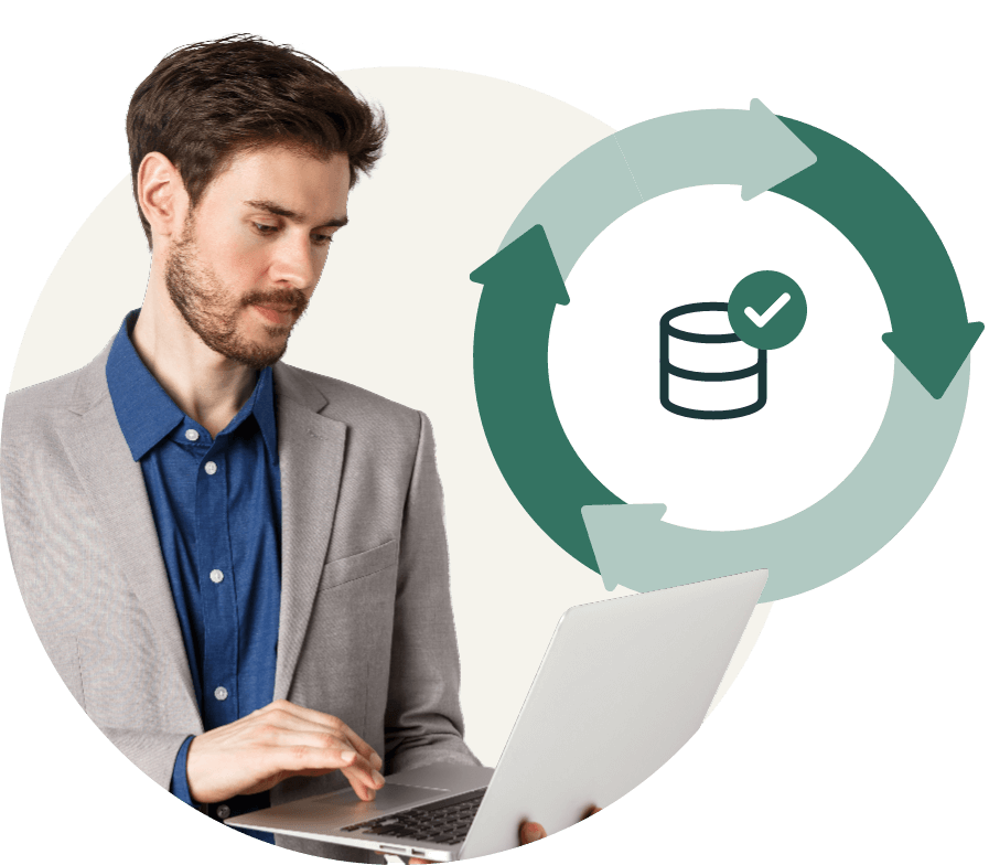 Business man using laptop with a circular workflow diagram showing successful data integration.