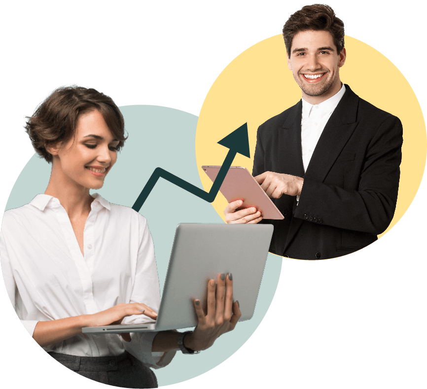 Woman and man smiling, representing business partners working together on technology to achieve mutual growth, symbolized by the upward arrow.