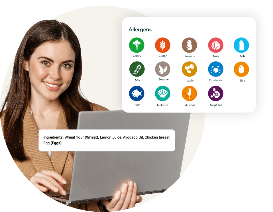 A woman holding a laptop reviewing automated allergen and ingredient identification on the Food Label Maker platform.