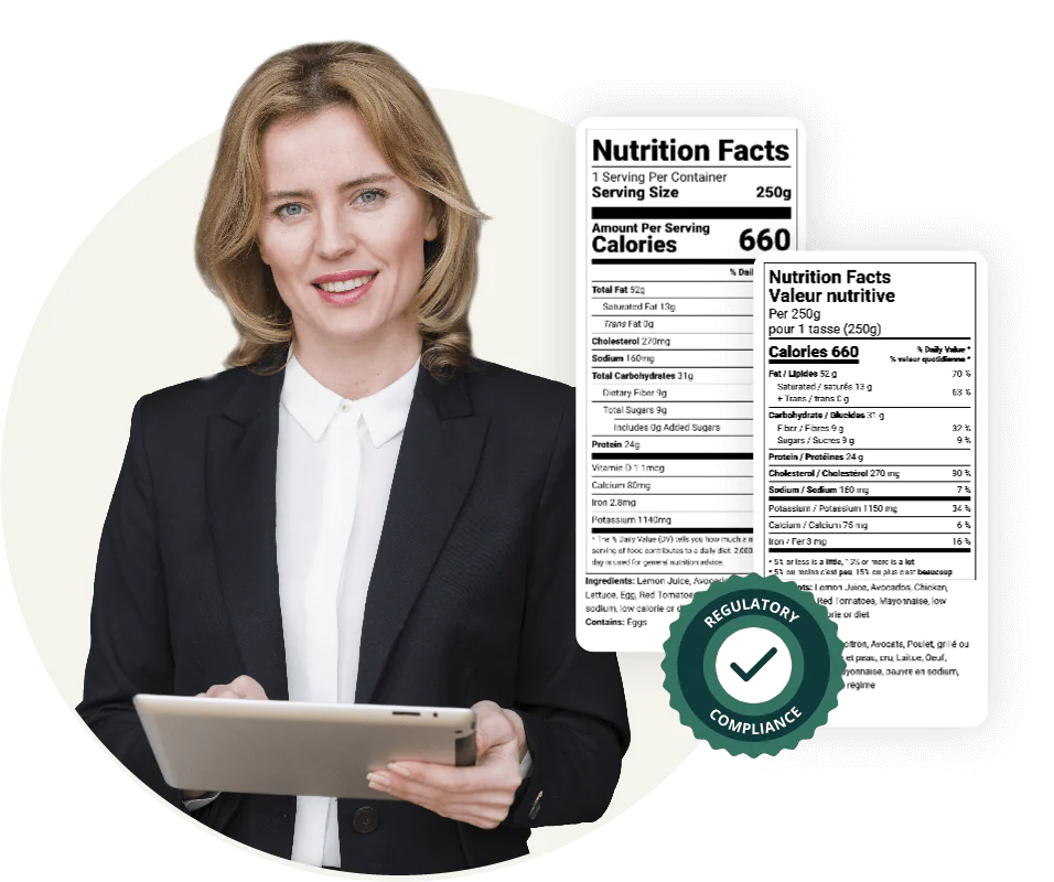 Woman in business attire holding a tablet, featuring a "Regulatory Compliance" badge.