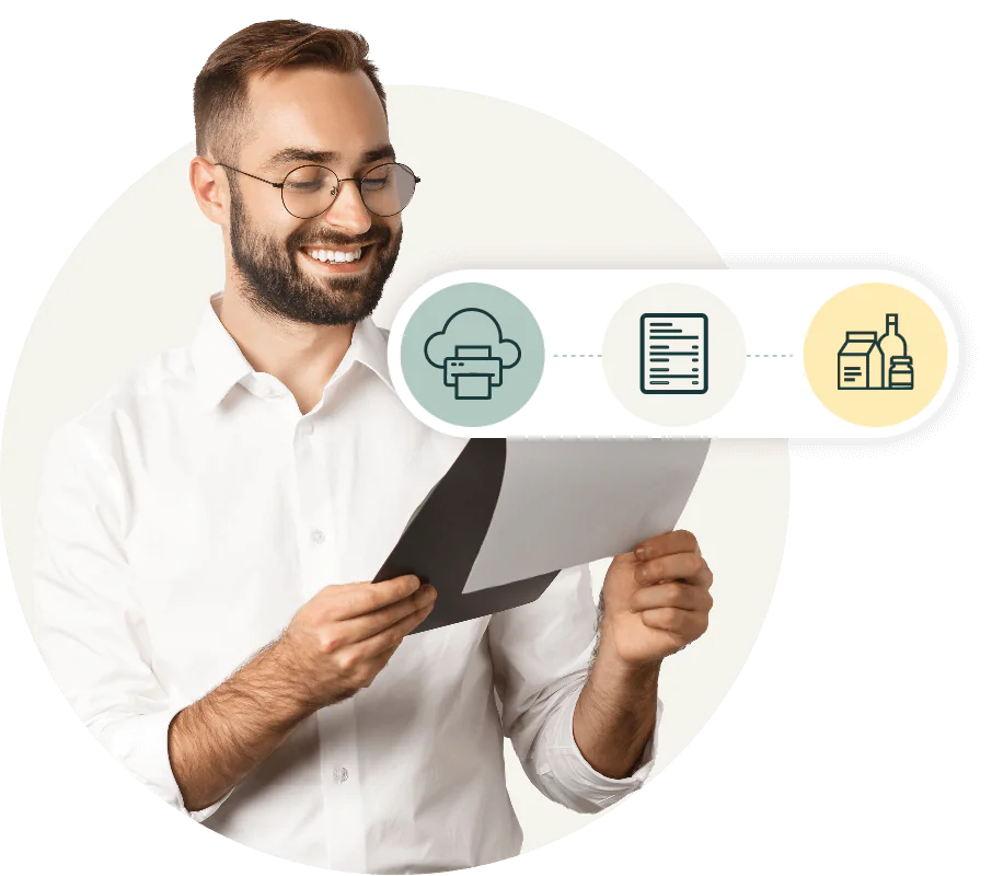 Smiling man holding a document with icons representing cloud printing, label generation, and final product packaging.