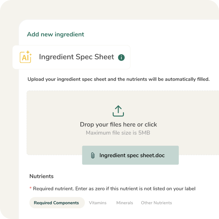 File upload portal for ingredient spec sheets with sections for required components, vitamins, and minerals data.