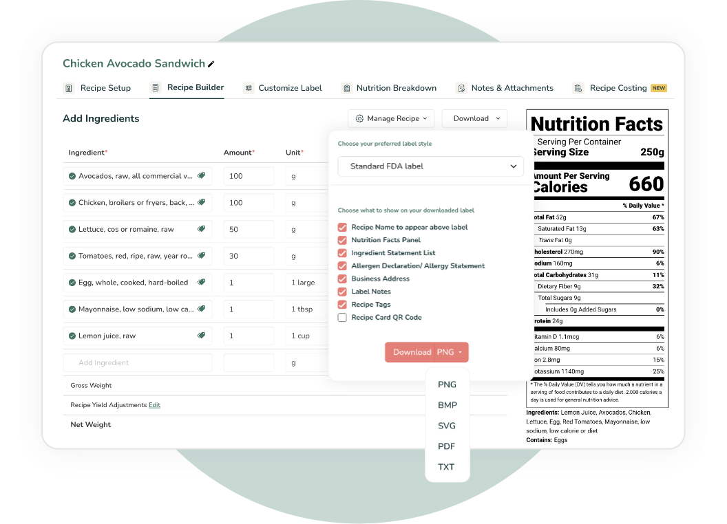 Interface for a Chicken Avocado Sandwich showing recipe building tools and various FDA label export options.