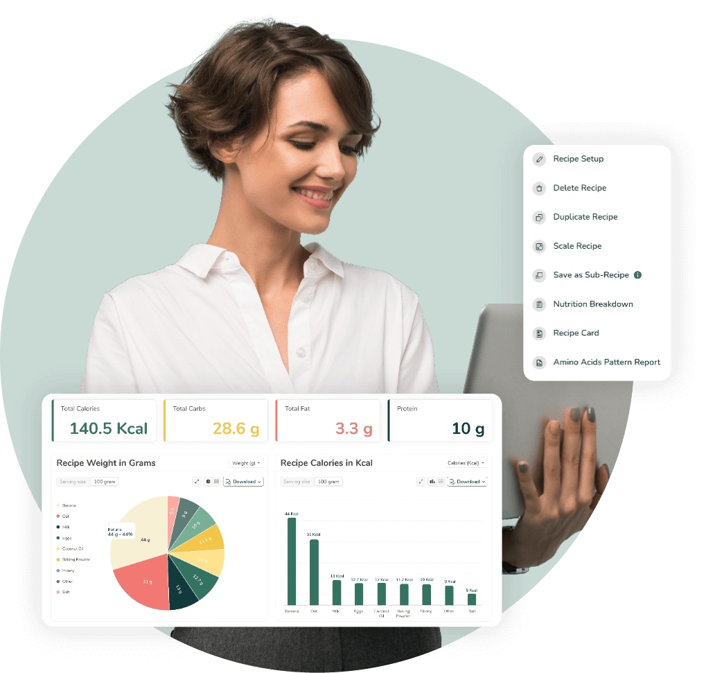 A professional woman reviewing nutritional breakdown reports and recipe customization tools on a digital platform.