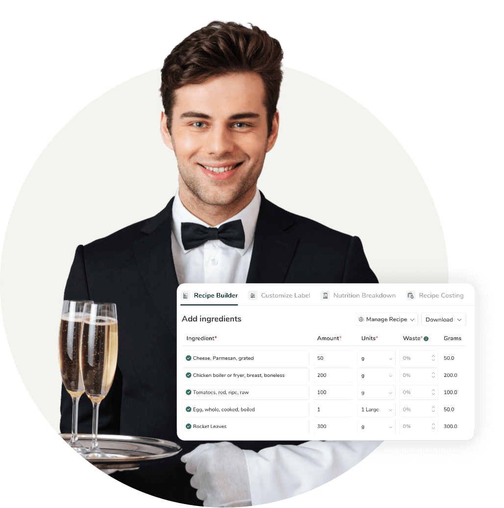 A male server holding a tray of champagne glasses next to a digital recipe builder interface listing ingredients.