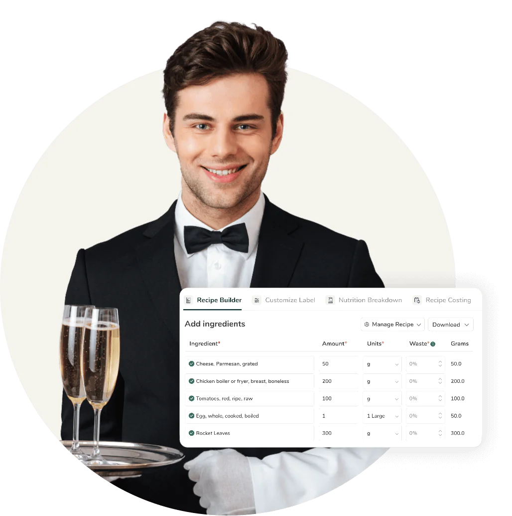 A male server holding a tray of champagne glasses next to a digital recipe builder interface listing ingredients.