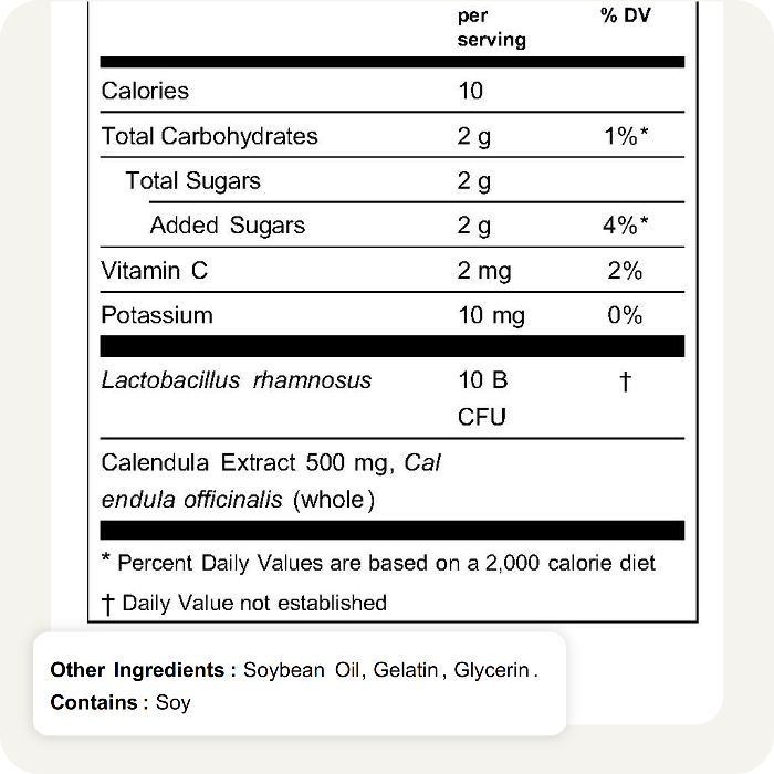 Supplement facts panel featuring an automated allergen declaration for soy based on ingredient specification data.