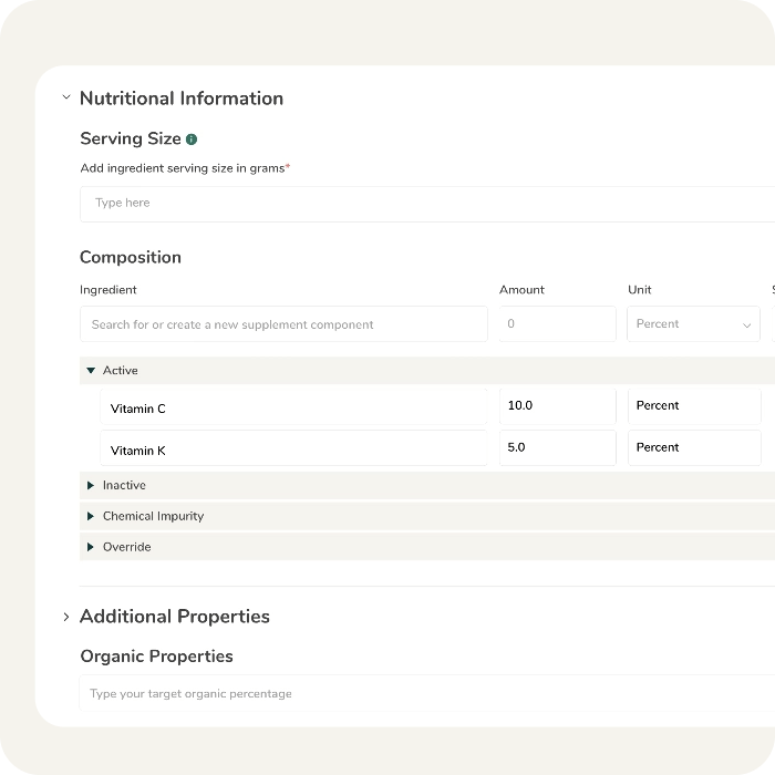 A supplement facts generator feature for adding nutritional information and composition percentages for Vitamin C and Vitamin K.