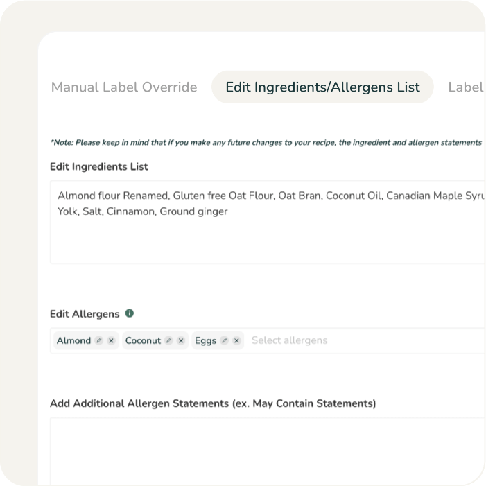 A manual label override screen featuring editable fields for ingredient lists and specific allergen tag selections.