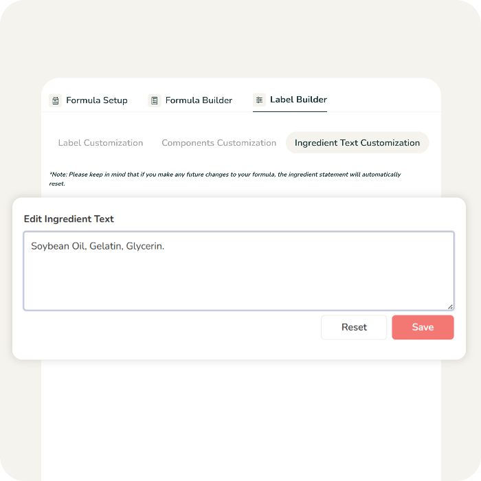 Ingredient text customization feature on a supplements facts generator interfact.