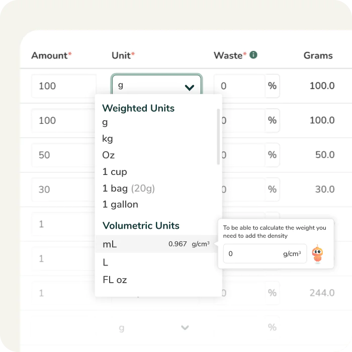 Dropdown menu within a recipe builder displaying weighted and volumetric unit options for ingredient accuracy.