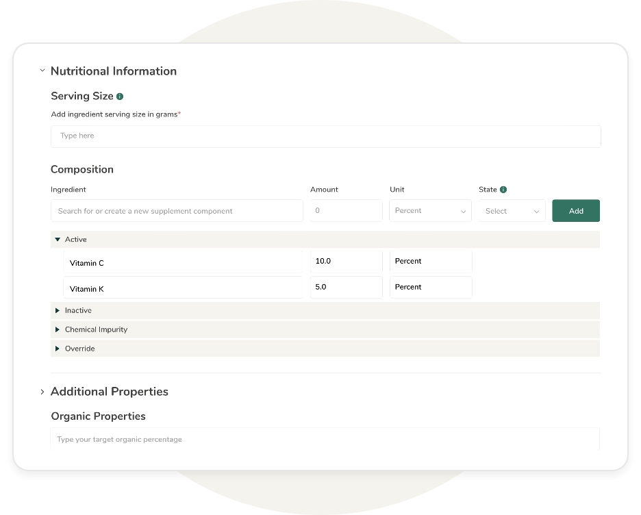 Input screen for adding serving size, dietary ingredients, and nutritional composition for supplement formula analysis.