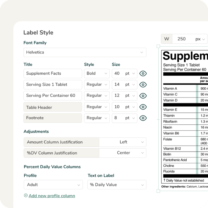 Supplement facts software interface showing label font style and size adjustments for compliant label layout design.