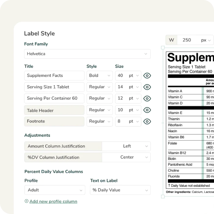 Supplement facts software interface showing label font style and size adjustments for compliant label layout design.