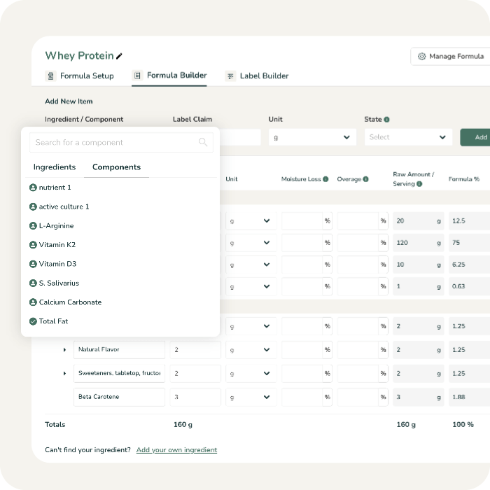 Searchable nutrient components list including Vitamin K2 and D3 in a whey protein Formula Builder interface.