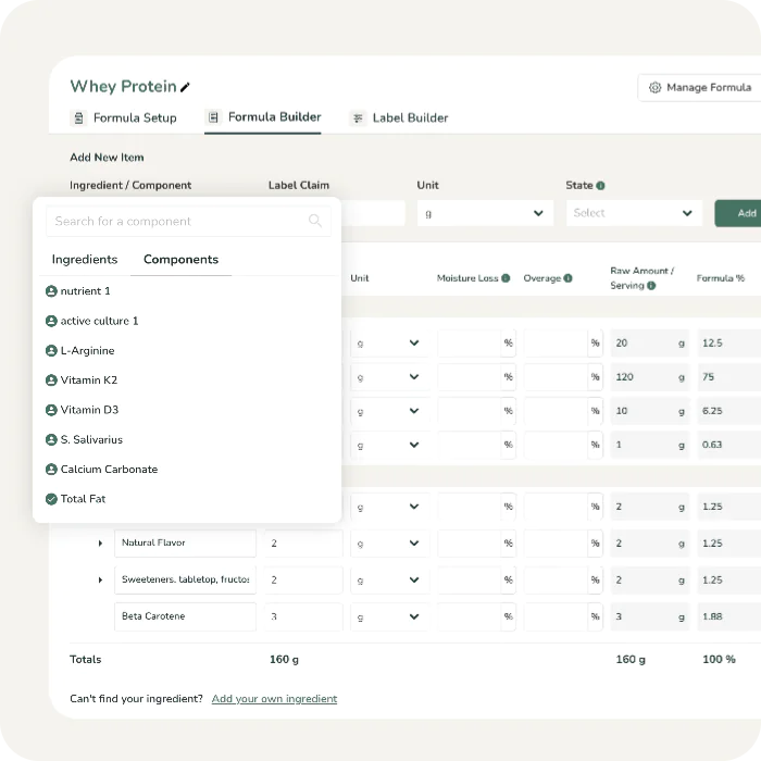 Searchable nutrient components list including Vitamin K2 and D3 in a whey protein Formula Builder interface.