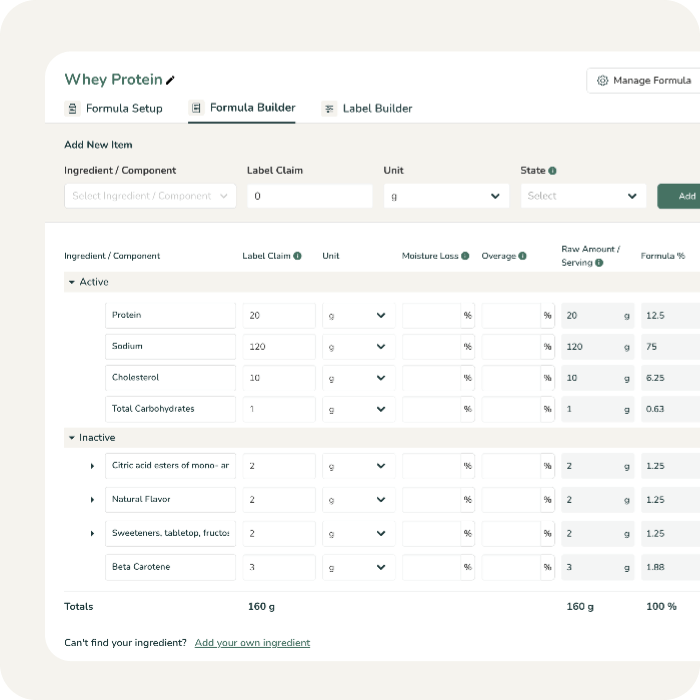 Comprehensive formula builder interface mapping raw amounts and moisture loss from ingredient specification sheets.