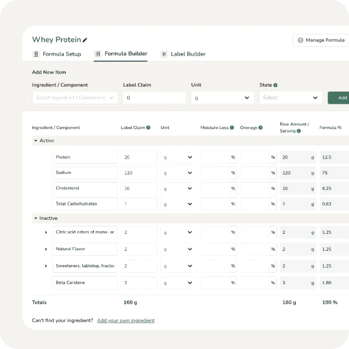 Comprehensive formula builder interface mapping raw amounts and moisture loss from ingredient specification sheets.